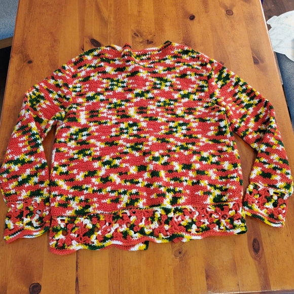 Handmade Cardigan Acrylic Yarn Red Yellow Green White Crochet Approx Size Large - Picture 2 of 8
